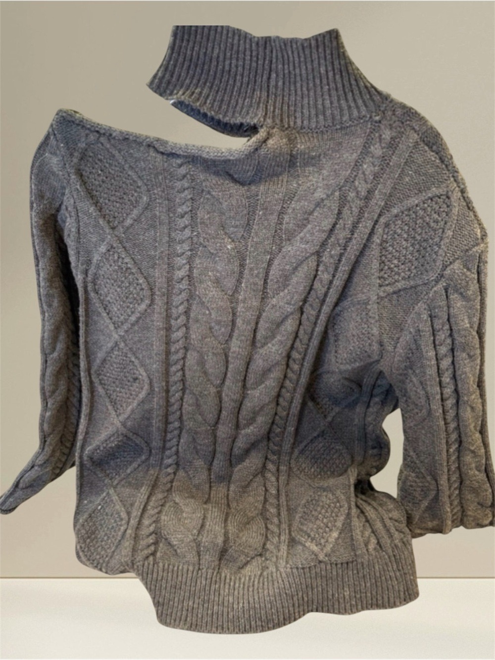 SHEIN Women's Cable Knit Destroyed Turtleneck Sweater Gray Small